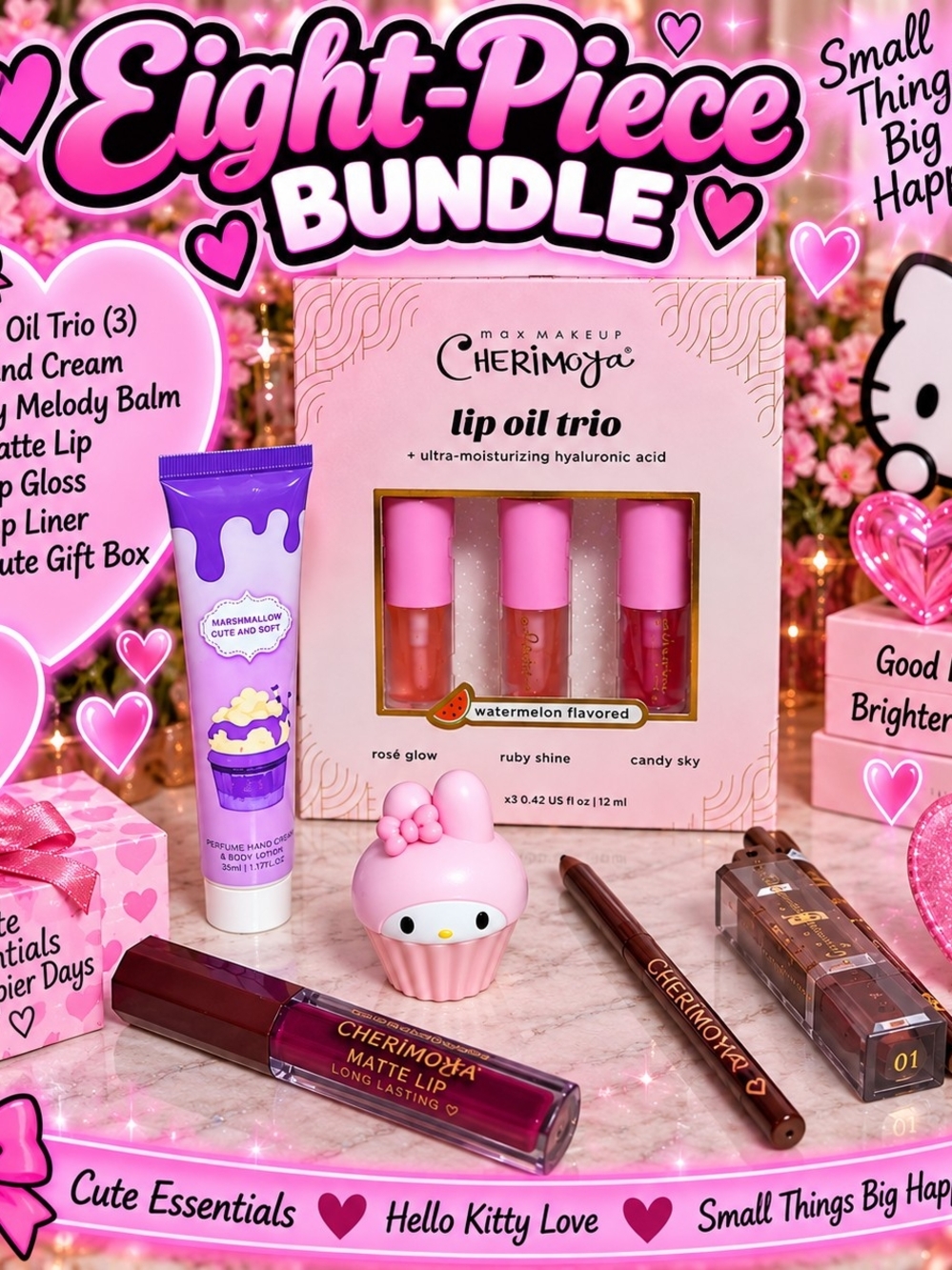 8 Peice Bundle Pink Lip Oil Trio & Makeup Bundle - Watermelon Flavored